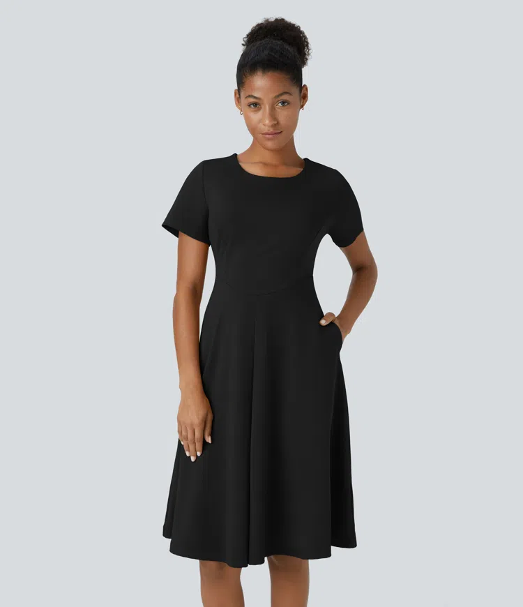 Softlyzero™ Eco Round Neck Side Pocket Corset Plaquette Flare Midi Work Dress