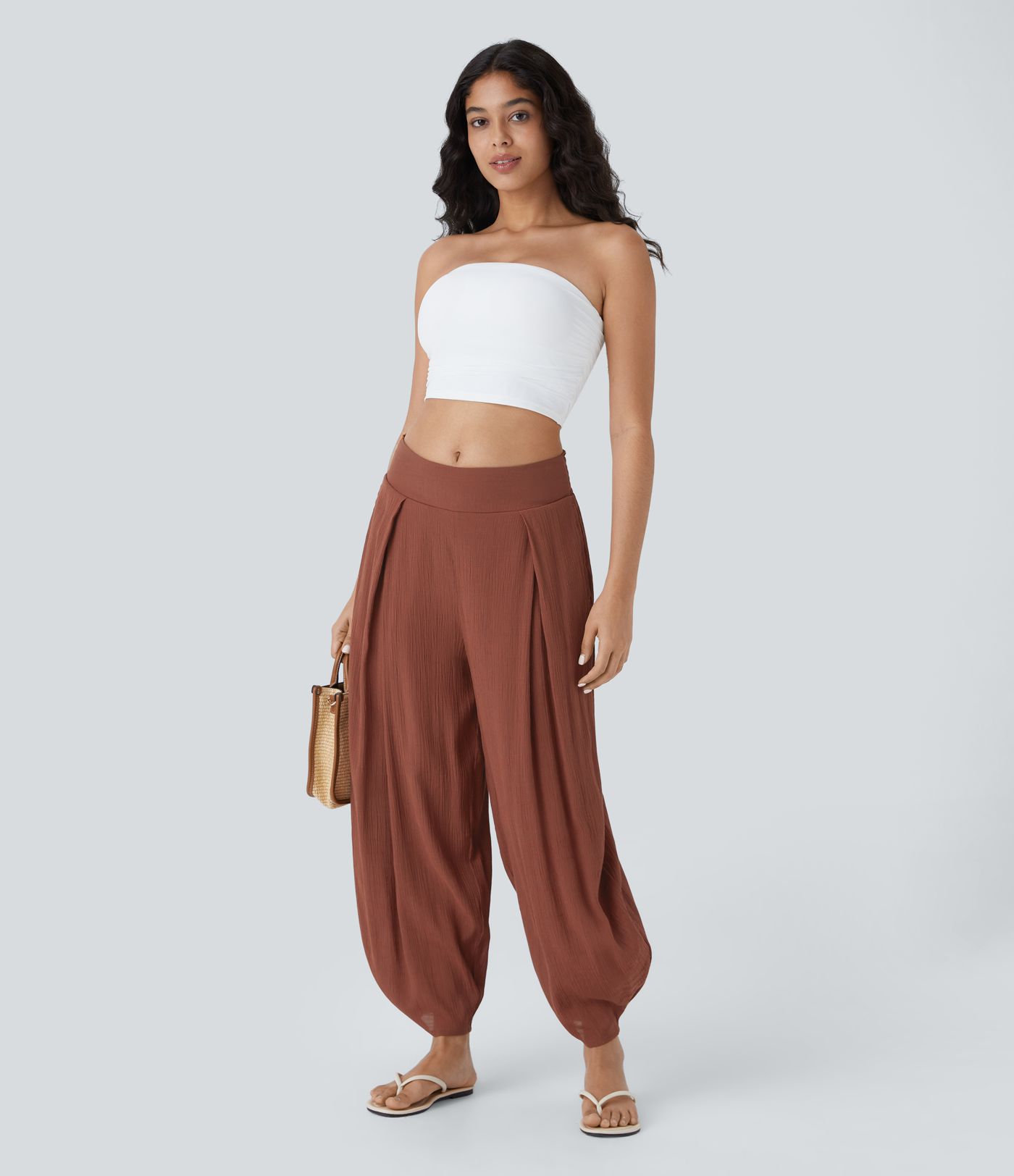 High waist elastic side pocket pleated barrel leg casual jogger pants
