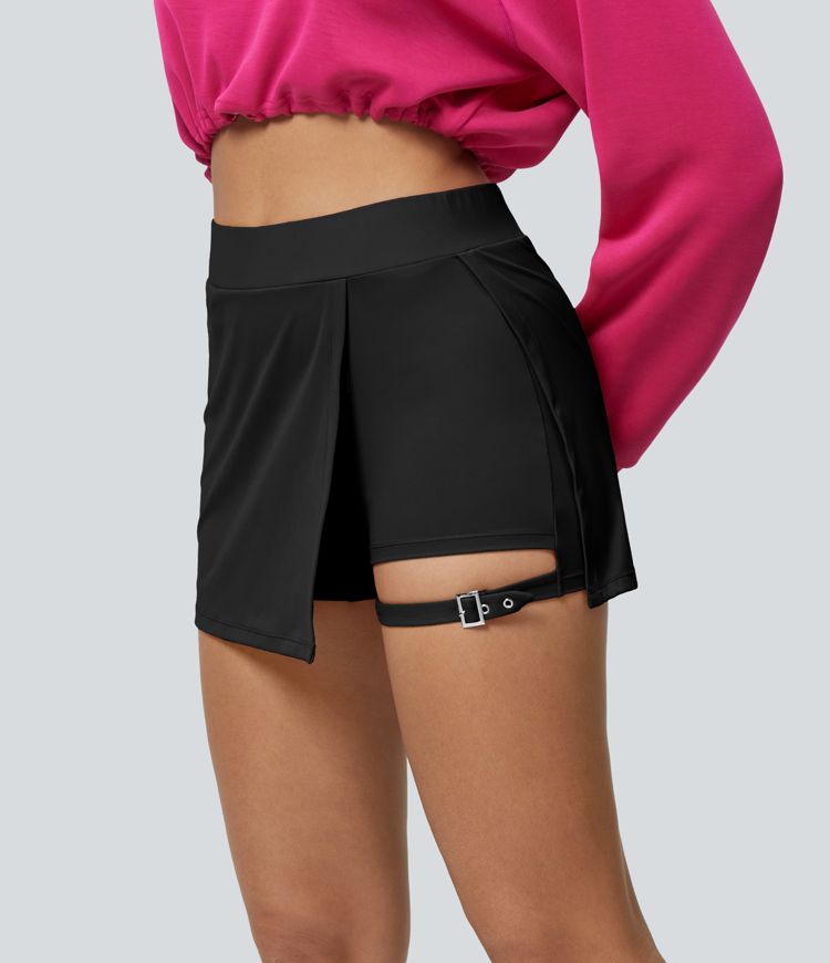 Softlyzero™ Plush Falda tiro alto 2 en 1 bolsillo lateral hebilla ajustable ceñido mini