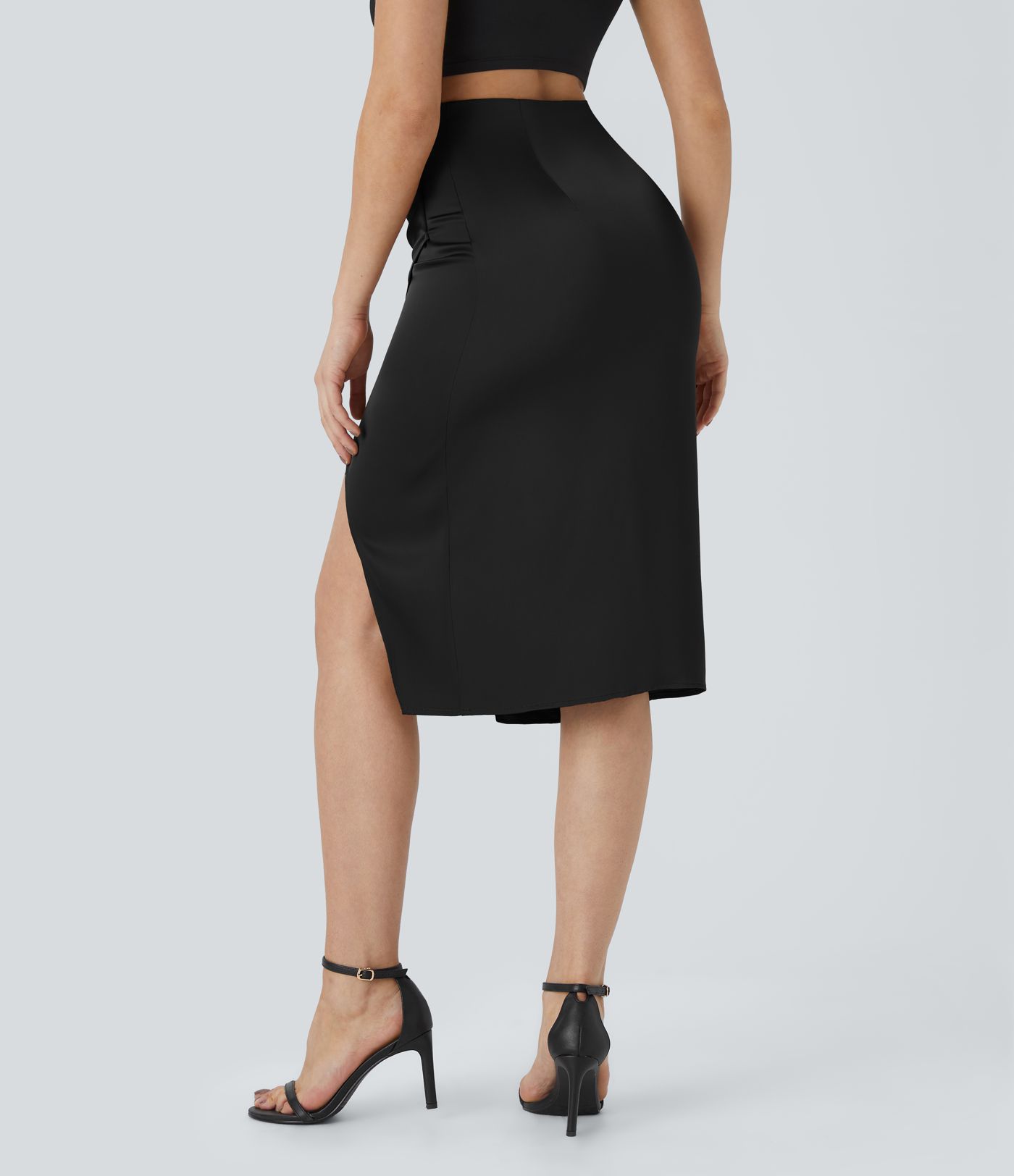 High waist side invisible zipper pleated tulle tulip hem satin style midi party skirt