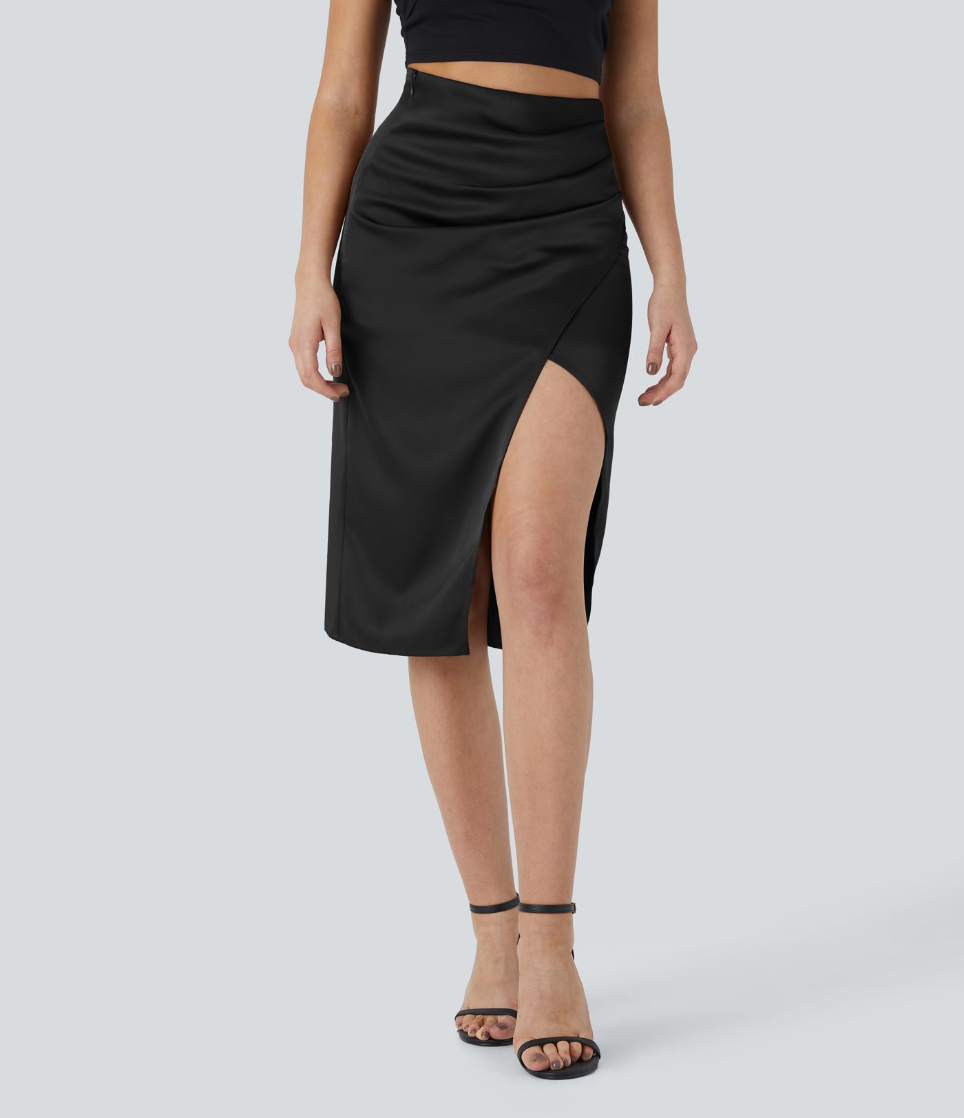 High waist side invisible zipper pleated tulle tulip hem satin style midi party skirt