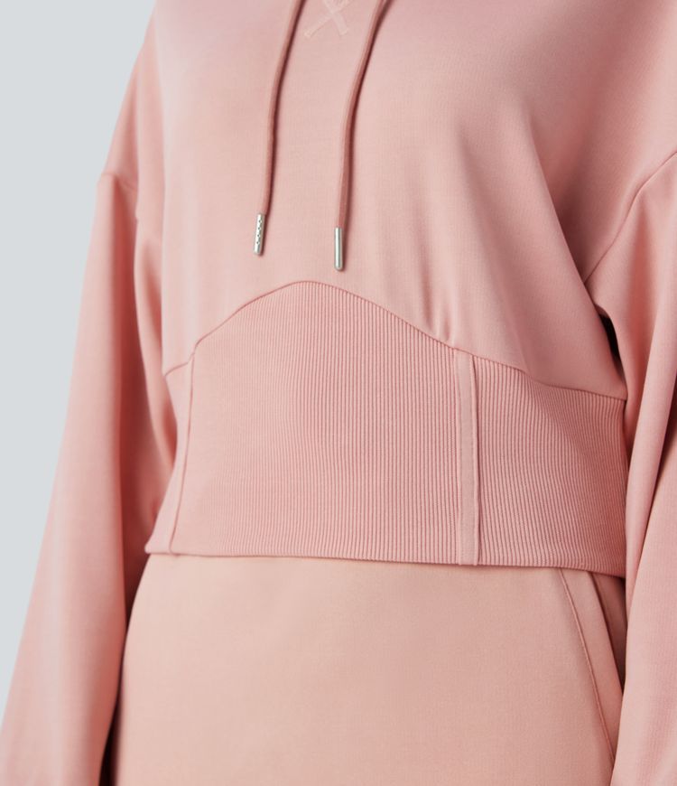 Ribbed Hooded Drawstring Drop Shoulder Corset Casual Sweatshirt