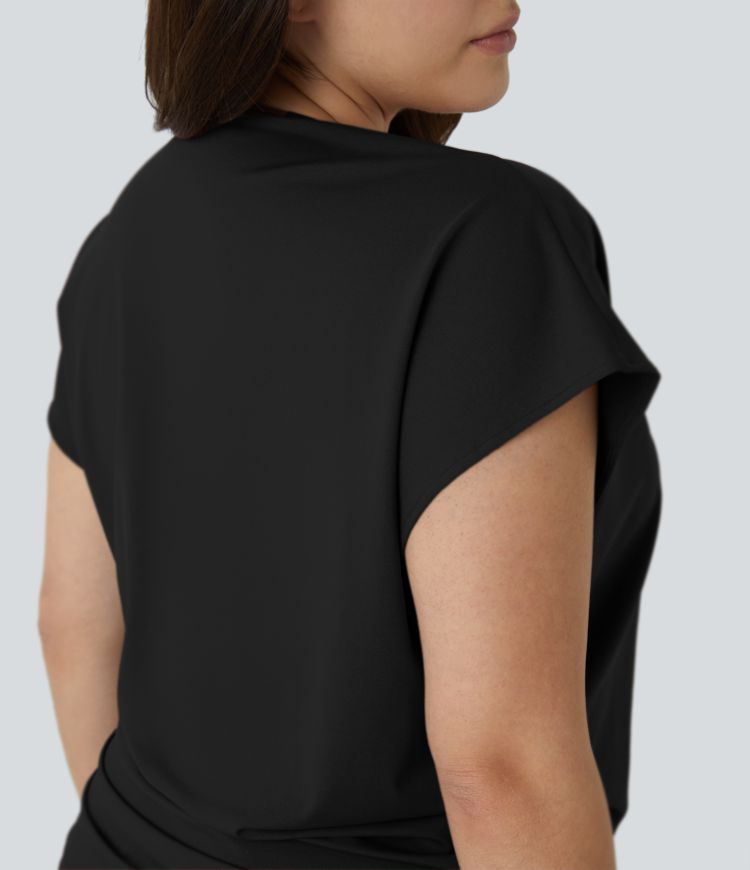 V Neck Cap Sleeve Crossover Ruched Solid Work Plus Size Blouse