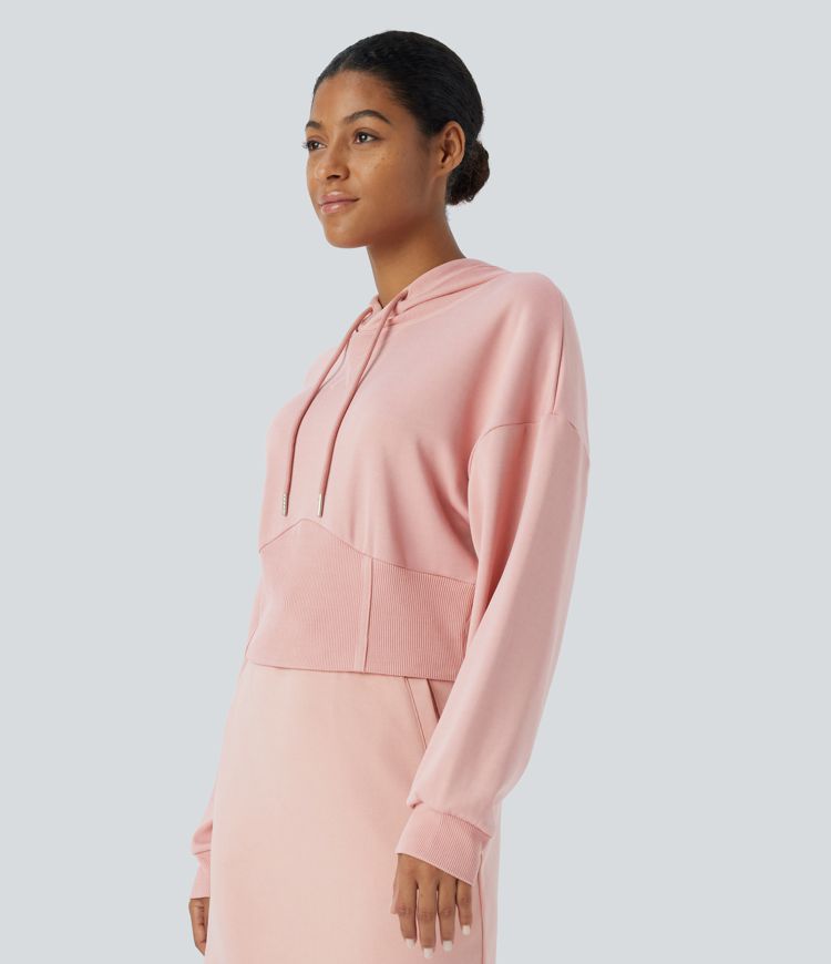 Ribbed Hooded Drawstring Drop Shoulder Corset Casual Sweatshirt