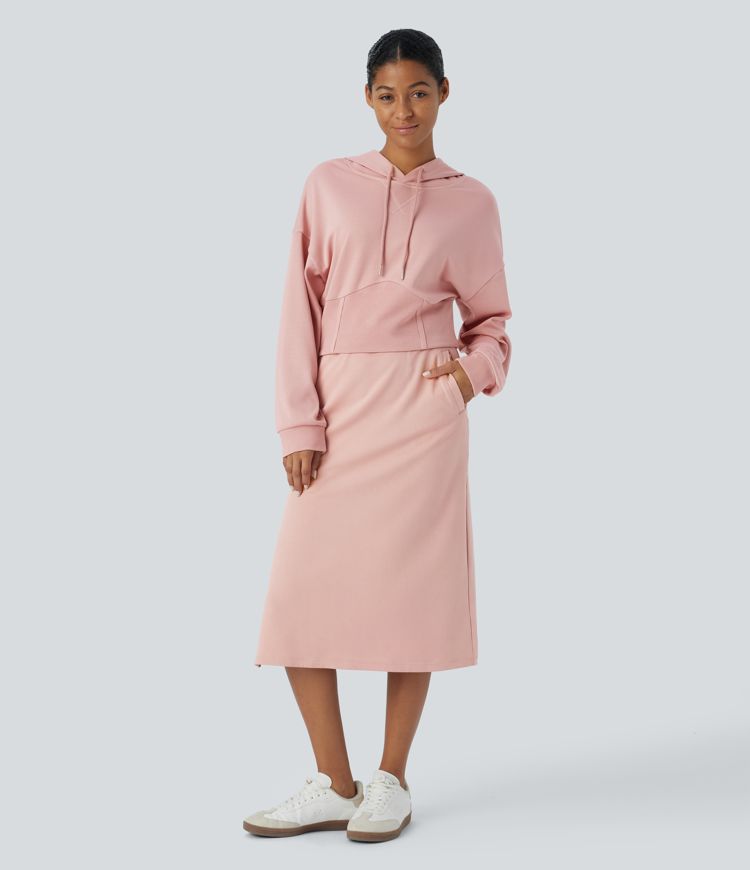 Ribbed Hooded Drawstring Drop Shoulder Corset Casual Sweatshirt