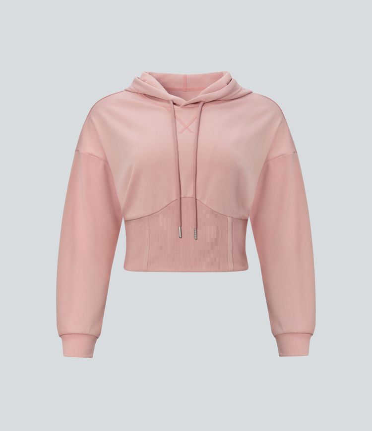 Ribbed Hooded Drawstring Drop Shoulder Corset Casual Sweatshirt