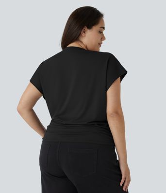 V Neck Cap Sleeve Crossover Ruched Solid Work Plus Size Blouse