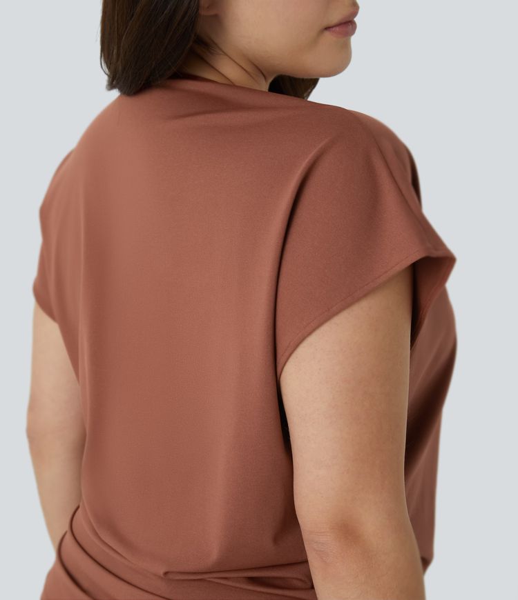 Blouse Travail Unie Froncée Croisée Manches Courtes Col en V Grande Taille