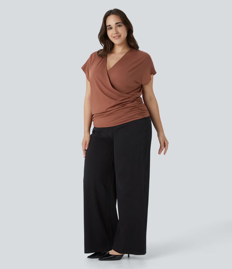 Blouse Travail Unie Froncée Croisée Manches Courtes Col en V Grande Taille