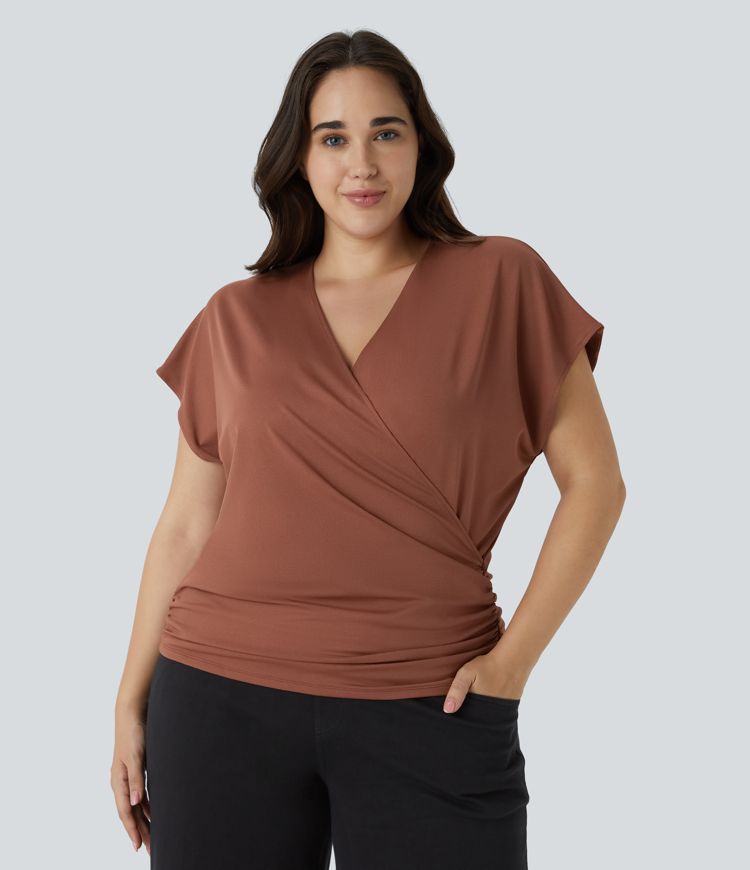 V Neck Cap Sleeve Crossover Ruched Solid Work Plus Size Blouse
