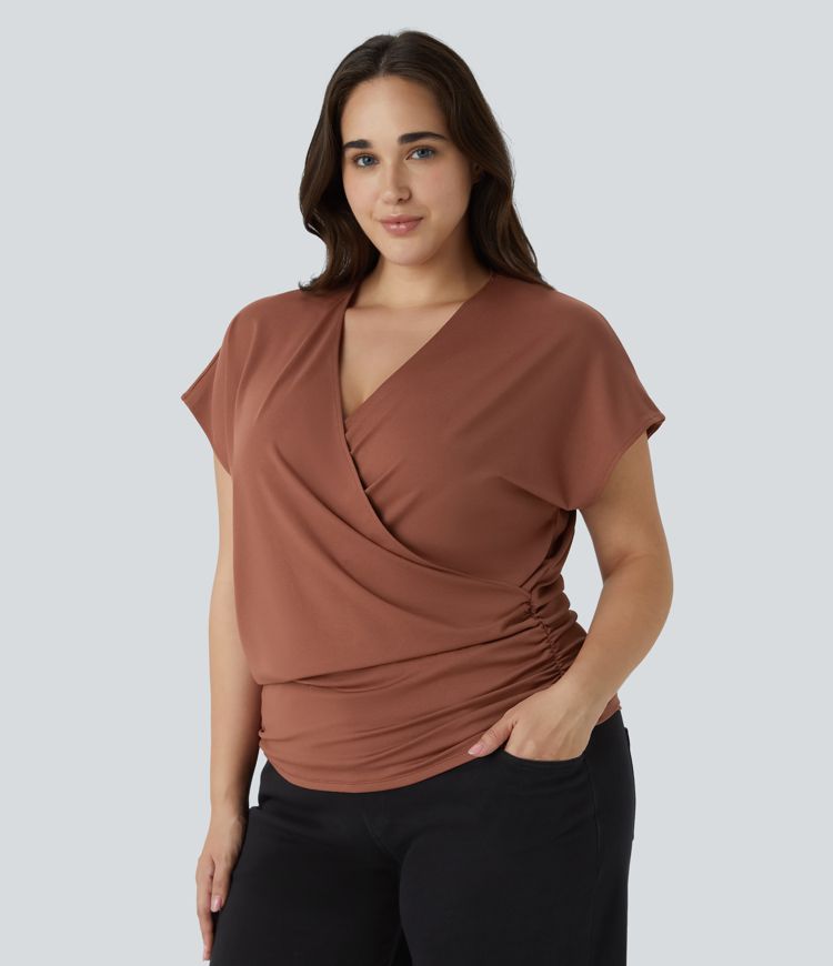 Women's V Neck Cap Sleeve Crossover Ruched Solid Work Plus