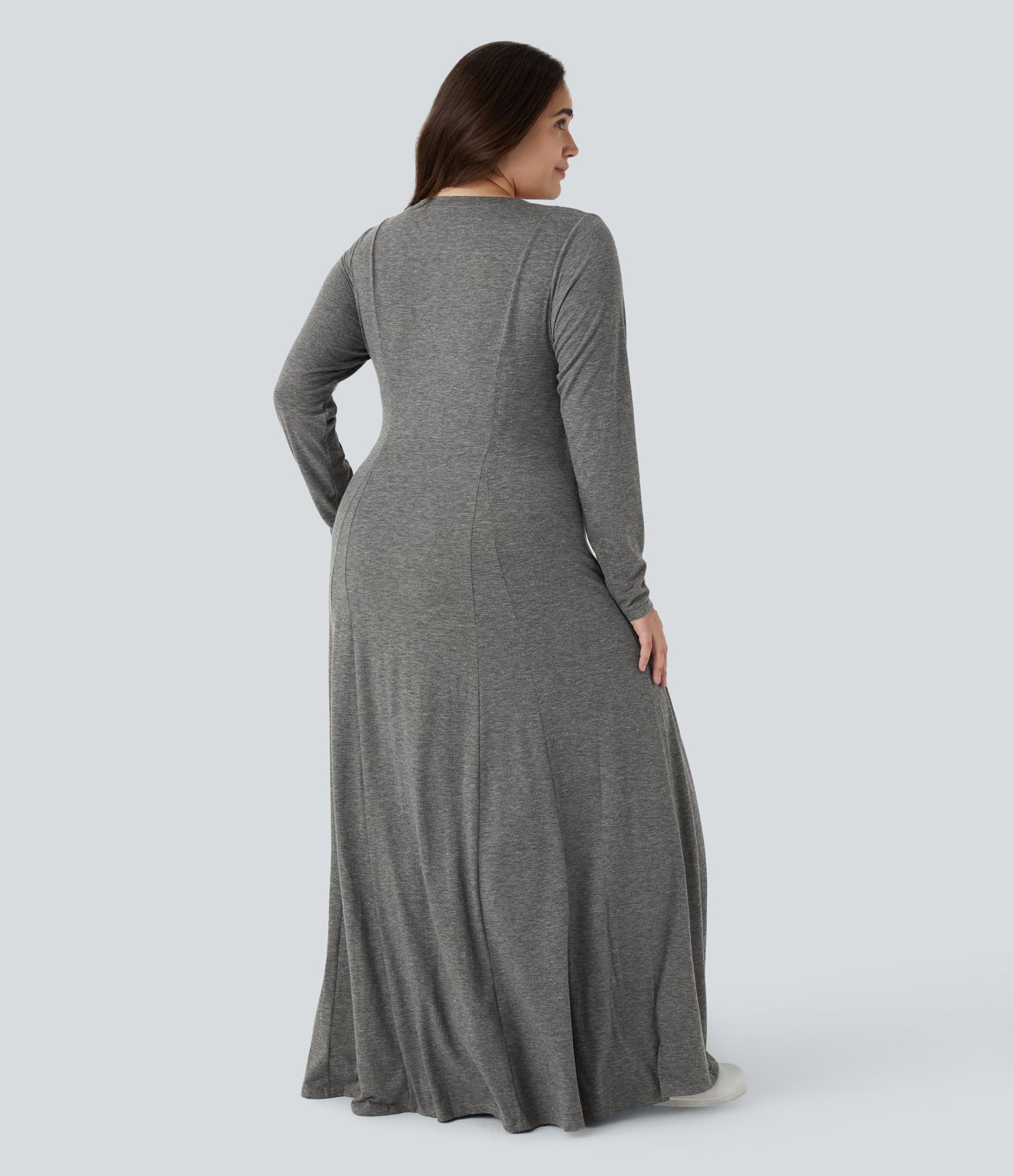 Round Neck Long Sleeve Flare Maxi Casual Plus Size Dress