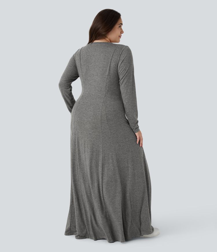 Round Neck Button Long Sleeve Flare Maxi Casual Plus Size Dress