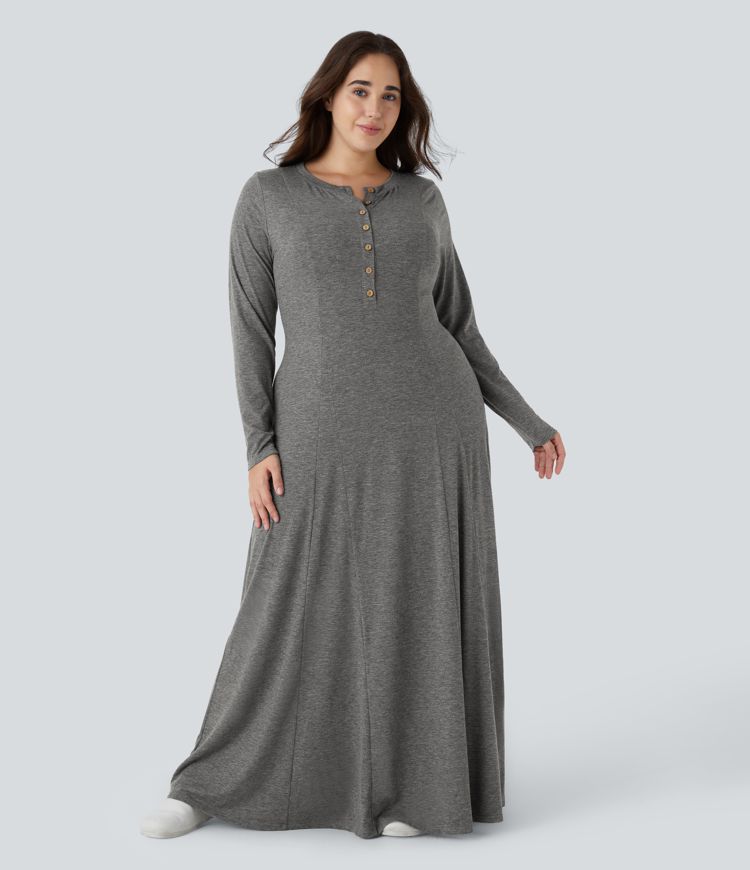 Round Neck Button Long Sleeve Flare Maxi Casual Plus Size Dress