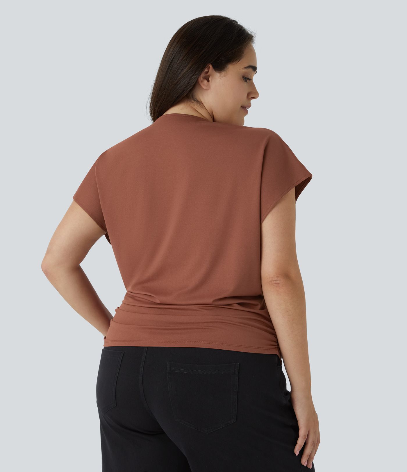 V-Ausschnitt Kurzarm Wickel Gerafftes Einfarbiges Arbeitsbluse in Übergröße