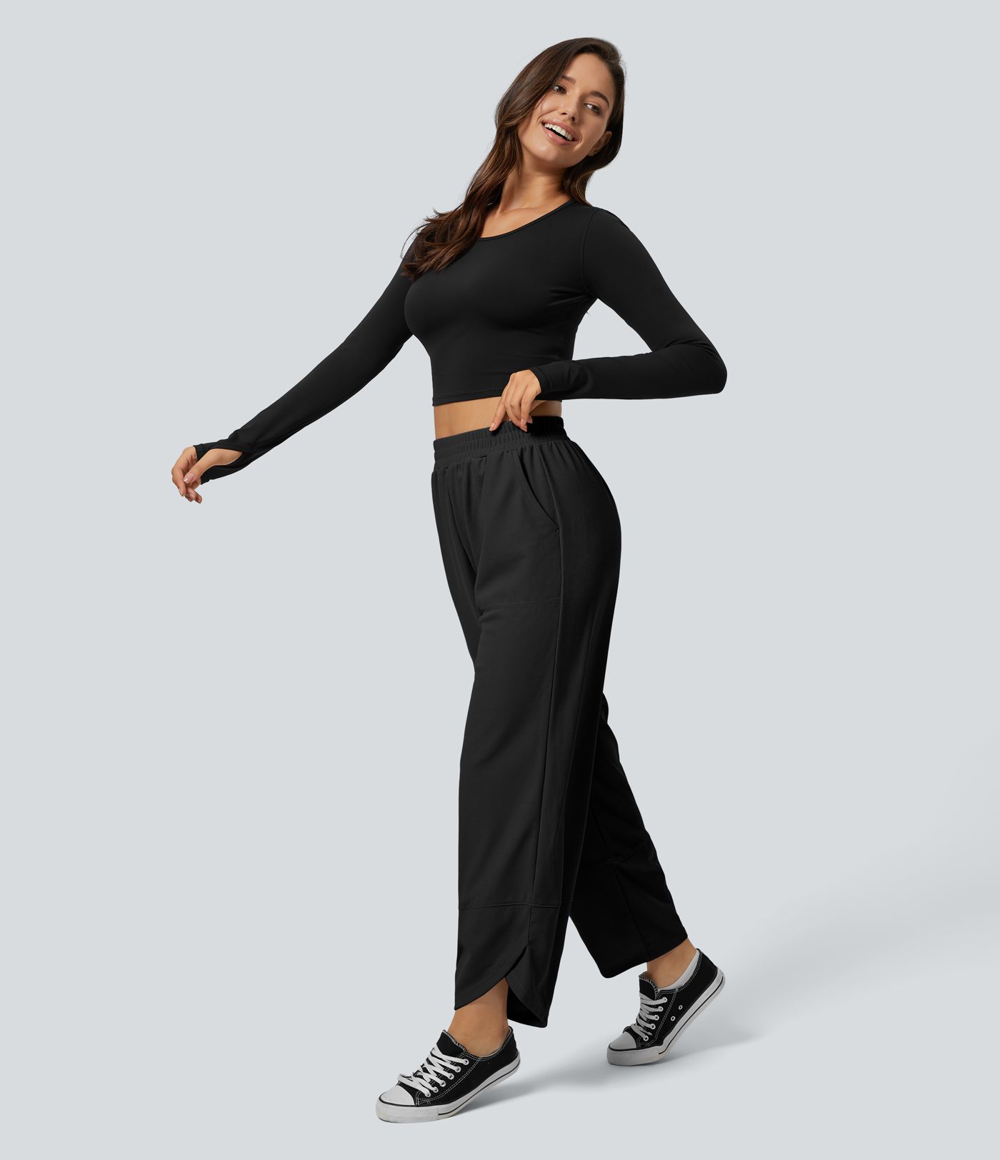 High waist elastic waist side pocket crossover hem solid waffle straight leg casual pants