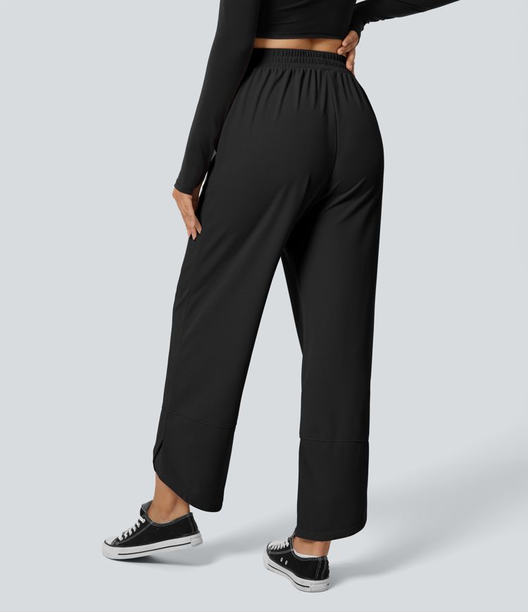 Pantalón de tiro alto recto con cintura elástica en tela tipo gofre