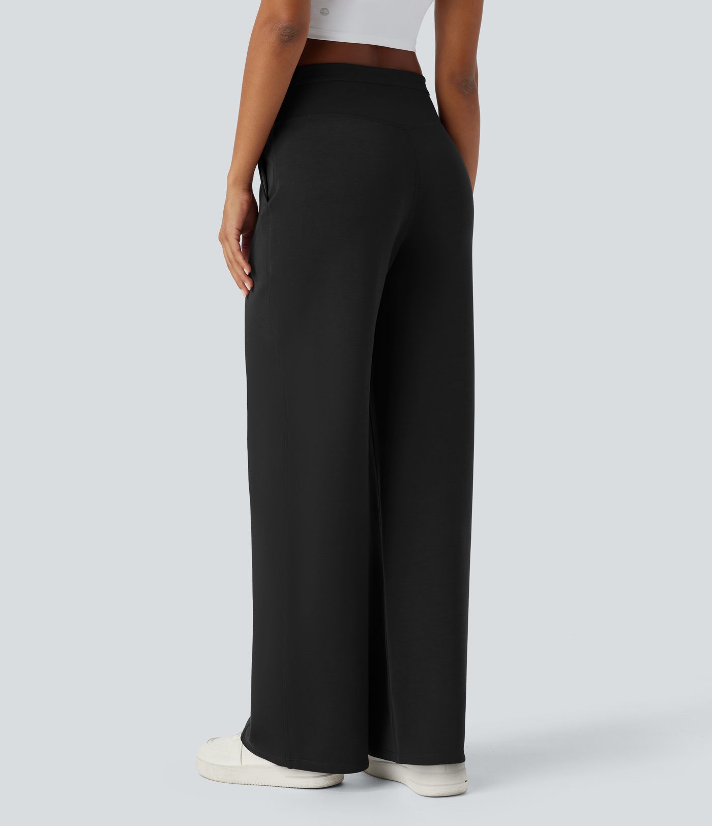 Pantalón casual tiro alto cintura V bolsillo lateral de pierna ancha