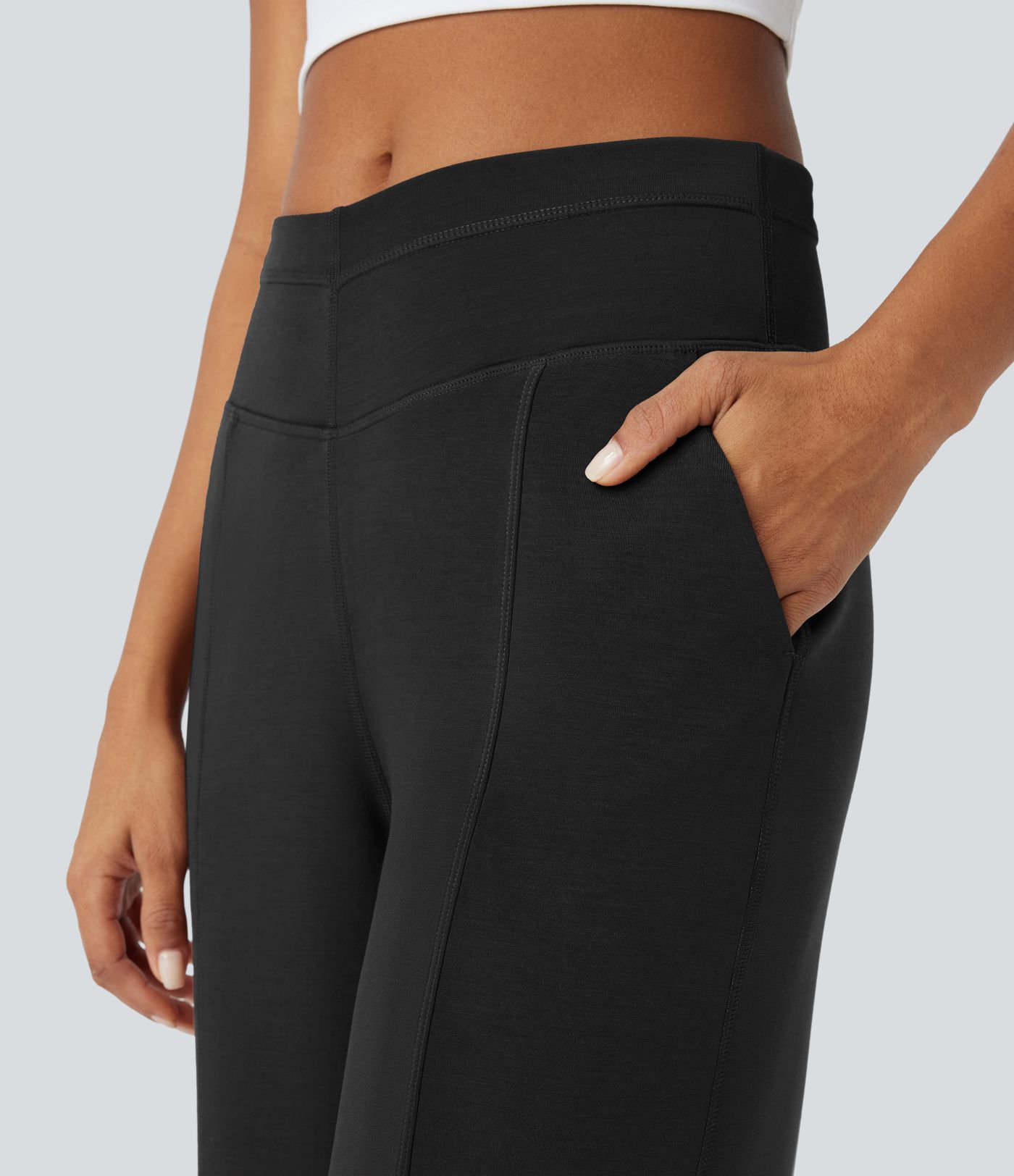 Pantalón casual tiro alto cintura V bolsillo lateral de pierna ancha