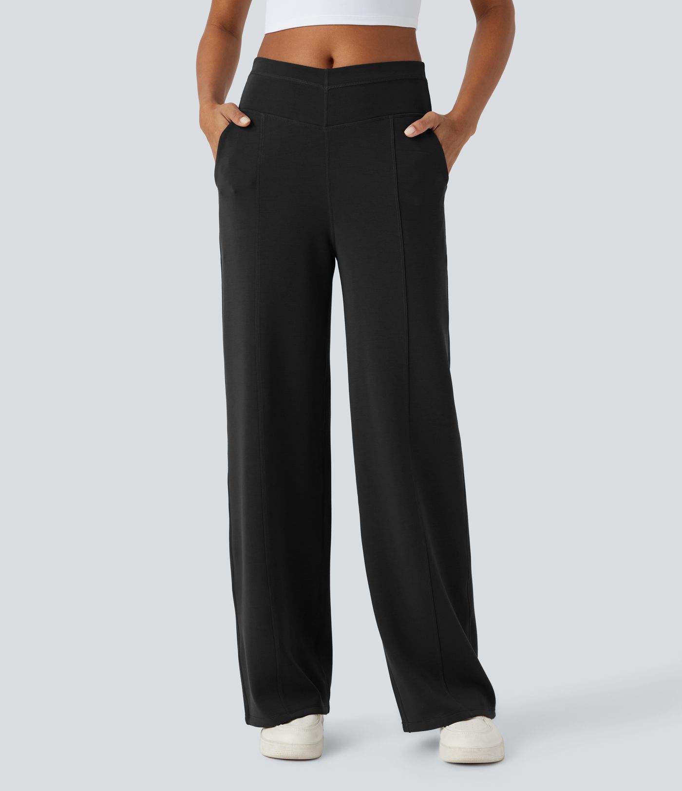 Pantalón casual tiro alto cintura V bolsillo lateral de pierna ancha