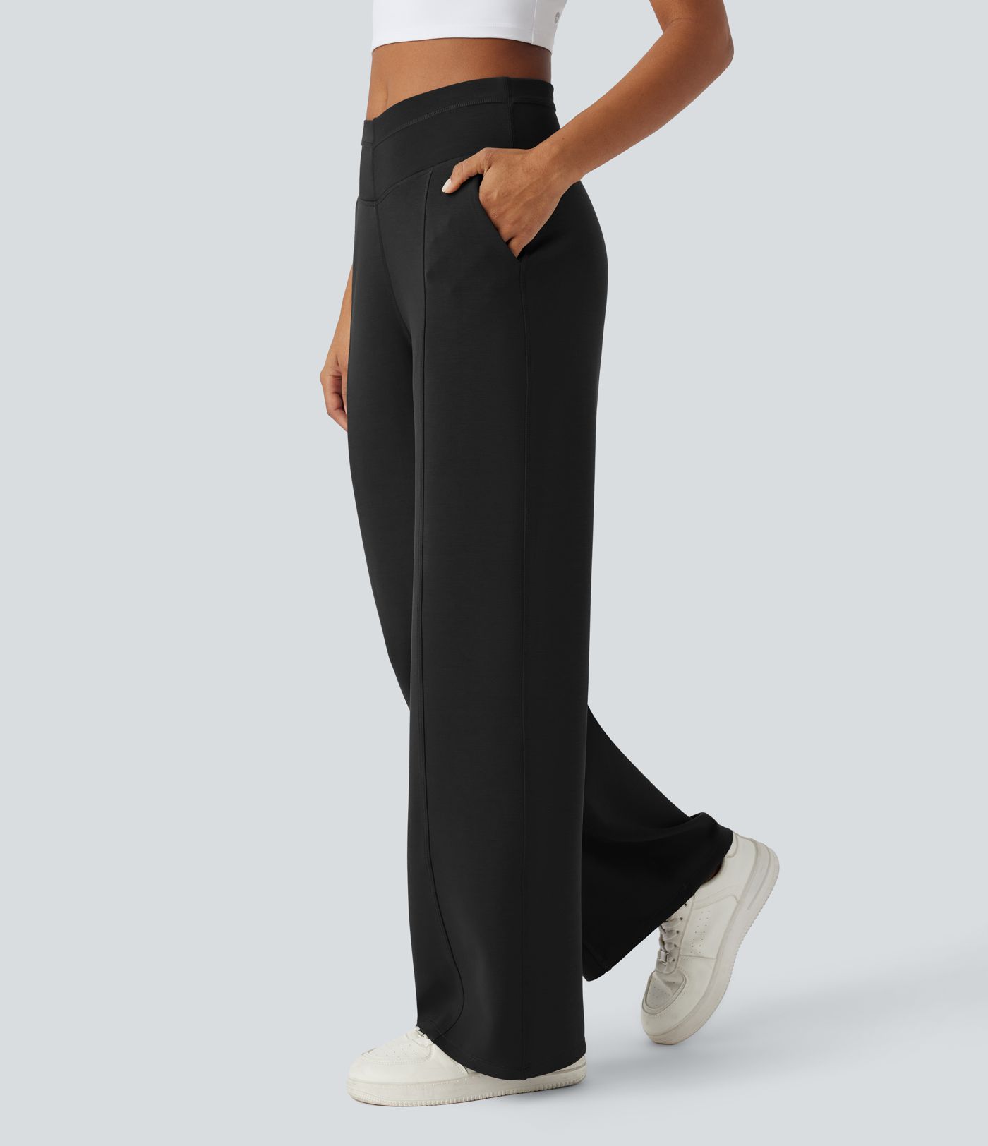 Pantalón casual tiro alto cintura V bolsillo lateral de pierna ancha