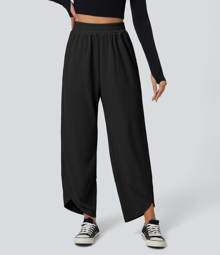 Pantalón de tiro alto recto con cintura elástica en tela tipo gofre