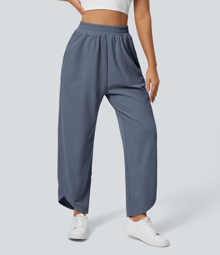 High Waisted Elastic Waist Side Pocket Crossover Hem Solid Waffle Straight Leg Casual Pants