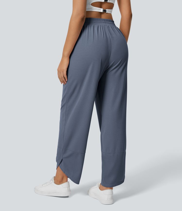 High Waisted Elastic Waist Side Pocket Crossover Hem Solid Waffle Straight Leg Casual Pants