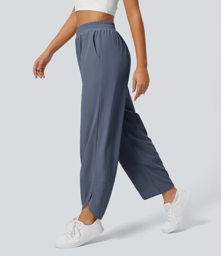 High Waisted Elastic Waist Pocket Crossover Hem Solid Waffle Straight Leg Casual Pants