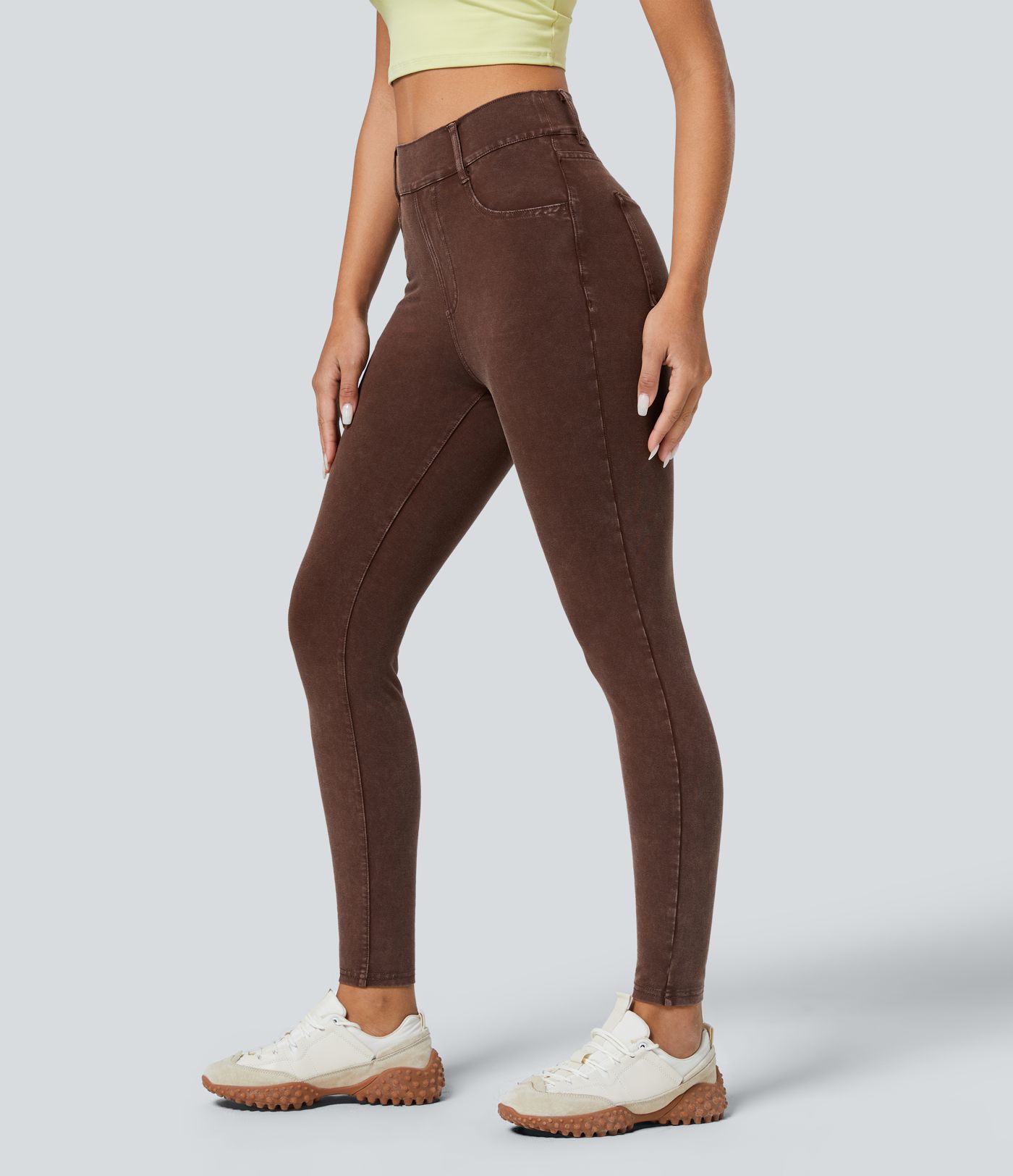 Halara Flex™ High Waisted Multiple Pockets Skinny Washed Colourful Stretchy Knit Casual Jeans Halara Flex™ High Waisted Multiple Pockets Skinny Washed Colourful Stretchy Knit Casual Jeans