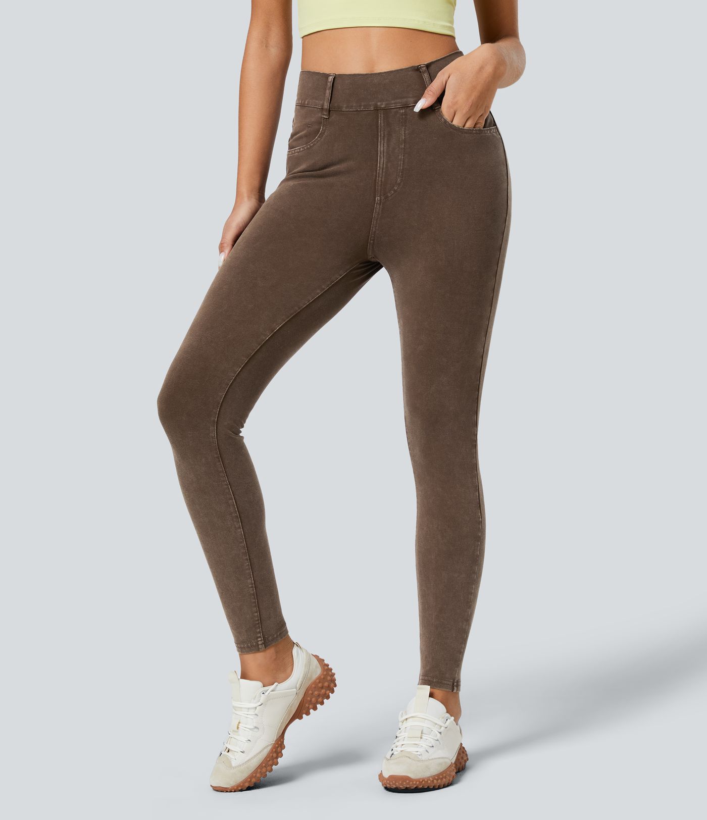 Halara Flex™ High Waisted Multiple Pockets Skinny Washed Colourful Stretchy Knit Casual Jeans Halara Flex™ High Waisted Multiple Pockets Skinny Washed Colourful Stretchy Knit Casual Jeans