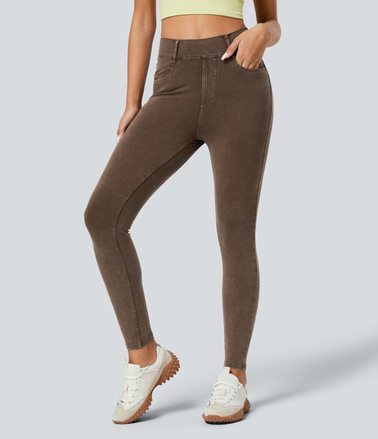 Halara Flex™ High Waisted Multiple Pockets Skinny Washed Colourful Stretchy Knit Casual Jeans Halara Flex™ High Waisted Multiple Pockets Skinny Washed Colourful Stretchy Knit Casual Jeans