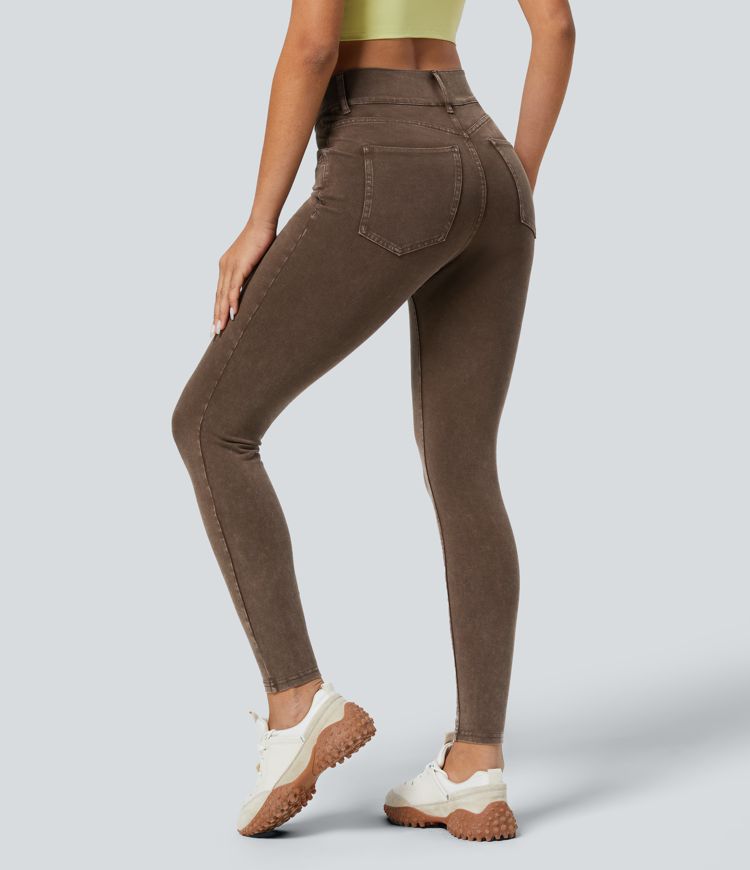 Halara Flex™ High Waisted Multiple Pockets Skinny Washed Colourful Stretchy Knit Casual Jeans Halara Flex™ High Waisted Multiple Pockets Skinny Washed Colourful Stretchy Knit Casual Jeans