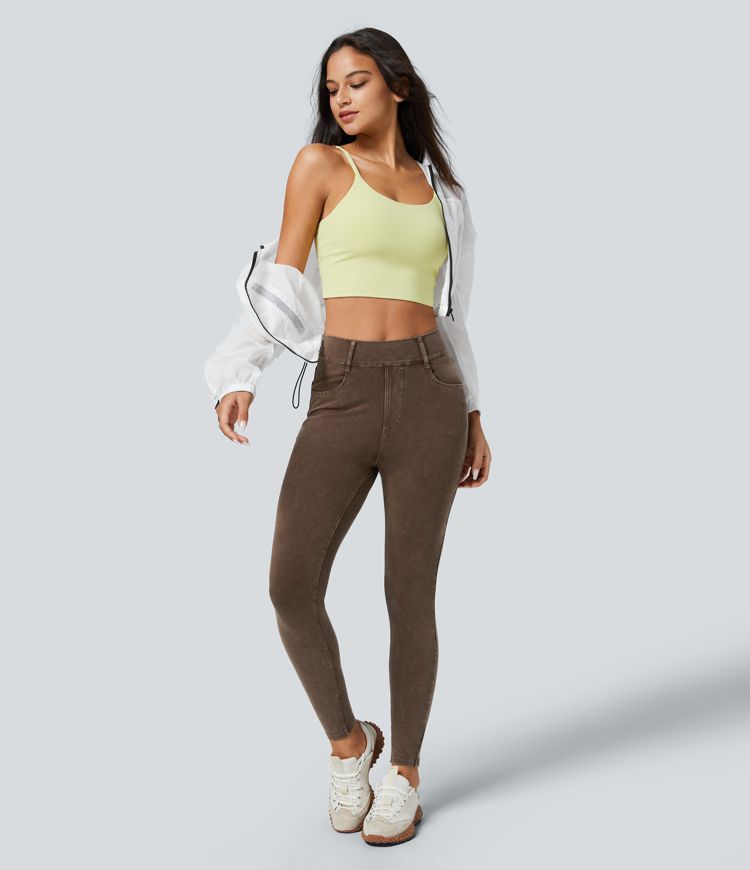 Halara Flex™ High Waisted Multiple Pockets Skinny Washed Colourful Stretchy Knit Casual Jeans Halara Flex™ High Waisted Multiple Pockets Skinny Washed Colourful Stretchy Knit Casual Jeans