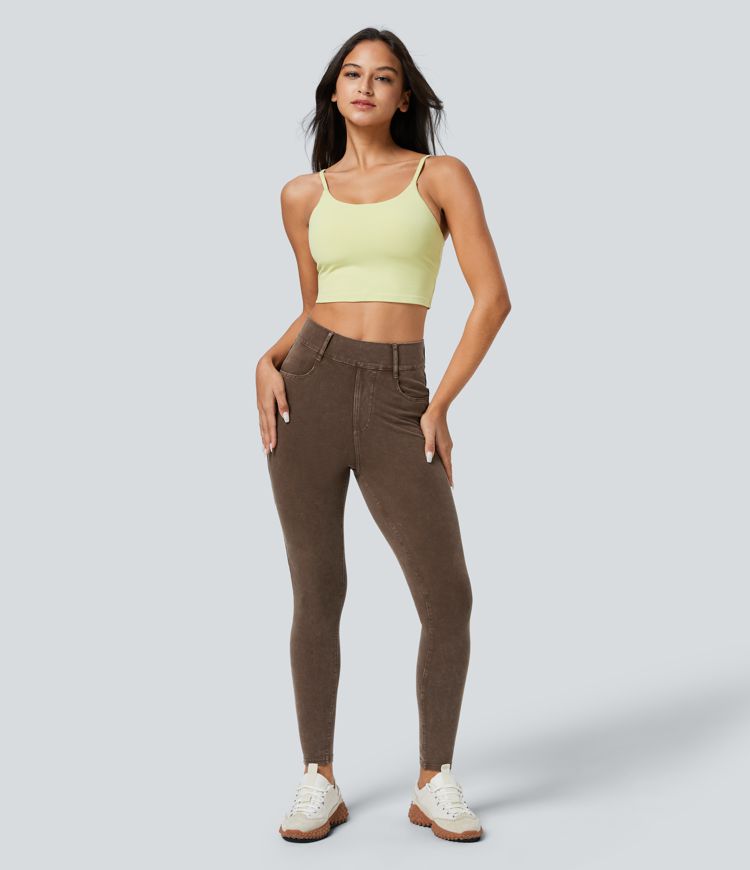 Halara Flex™ High Waisted Multiple Pockets Skinny Washed Colourful Stretchy Knit Casual Jeans Halara Flex™ High Waisted Multiple Pockets Skinny Washed Colourful Stretchy Knit Casual Jeans