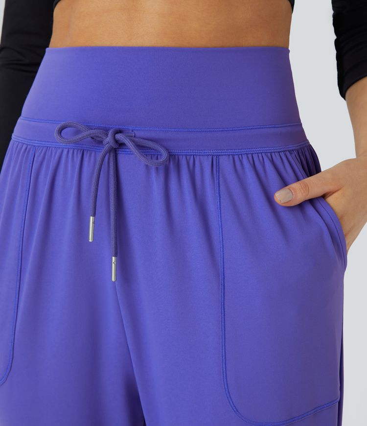 High Waisted Drawstring Pocket Ankle Length Tapered Casual Joggers