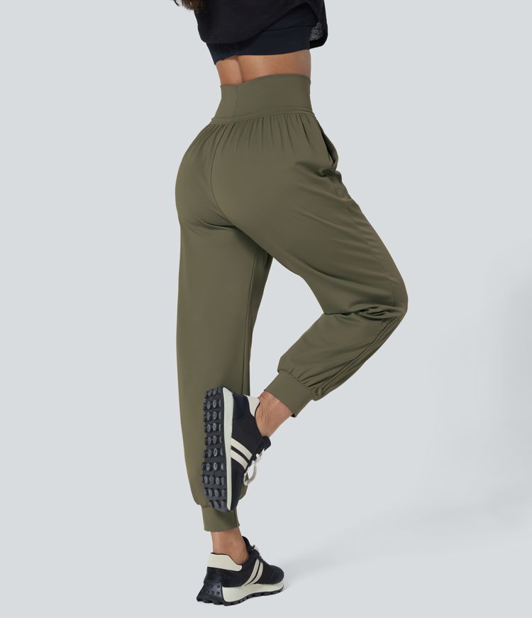 High Waisted Drawstring Pocket Ankle Length Tapered Casual Joggers