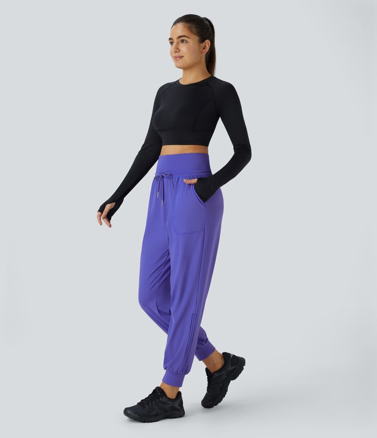 High Waisted Drawstring Pocket Ankle Length Tapered Casual Joggers