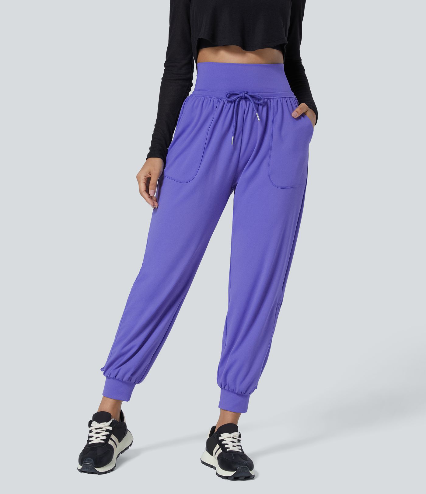 Joggers casuales con cordón de alta cintura plisados con bolsillo lateral y longitud de tobillo
