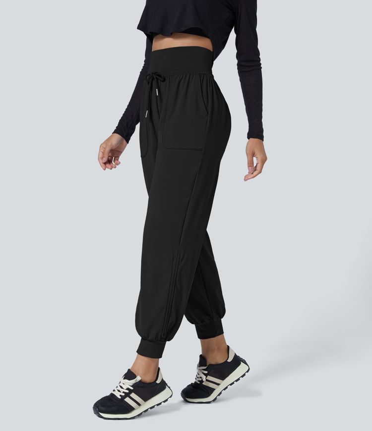 Knöchellange, lässige, plissierte, konische Jogginghose mit hoher Taille, Kordelzug und Seitentaschen