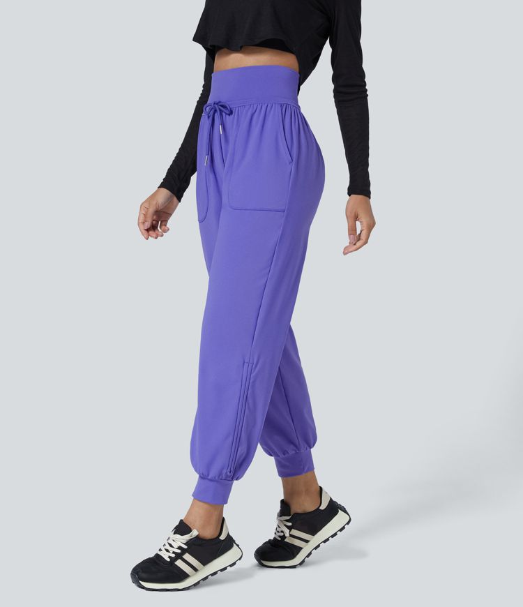 High Waisted Drawstring Pocket Ankle Length Tapered Casual Joggers