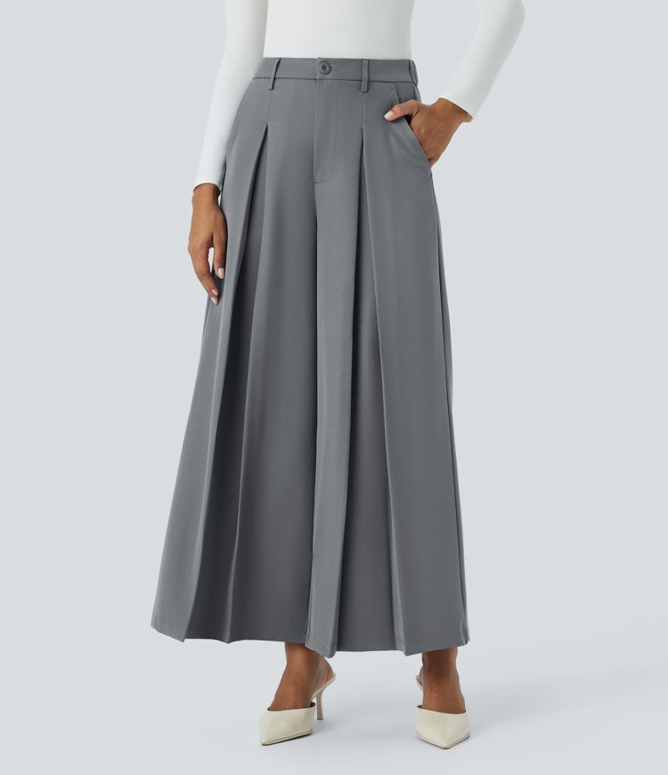 High Waisted Side Pocket Pleated Wide Leg Work Culottes