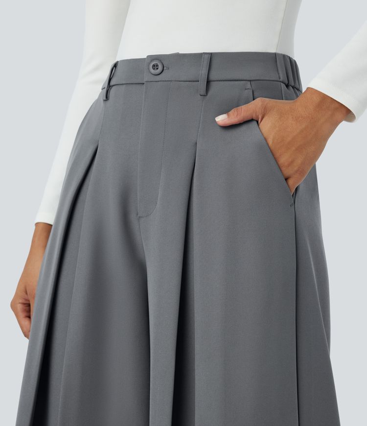 Pantalón culotte pierna ancha plisados con bolsillo lateral de cintura alta