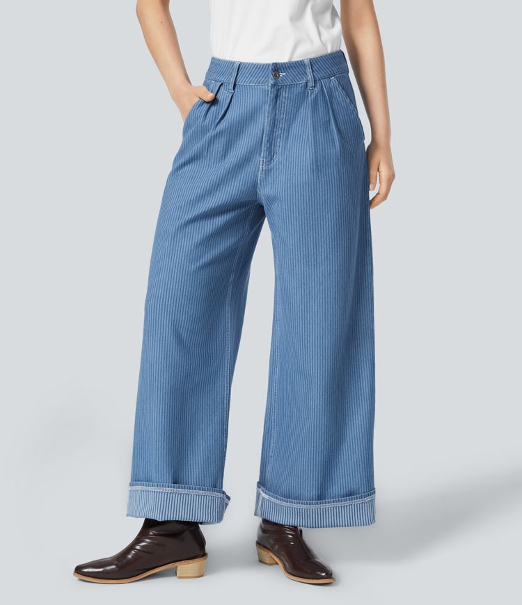 Halara Flex™ Jean Large Décontracté à Rayures Taille Haute avec Multiples Poches et Tissu Extensible Lavé