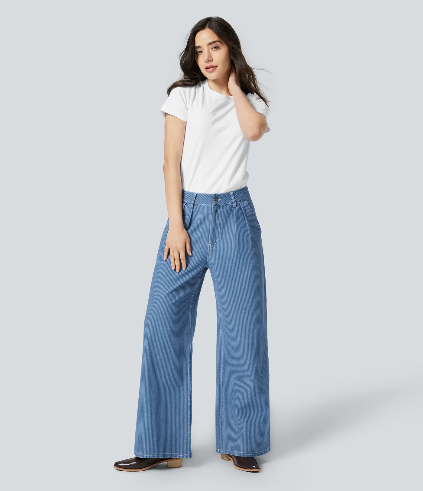 Halara Flex™ Jean Large Décontracté à Rayures Taille Haute avec Multiples Poches et Tissu Extensible Lavé