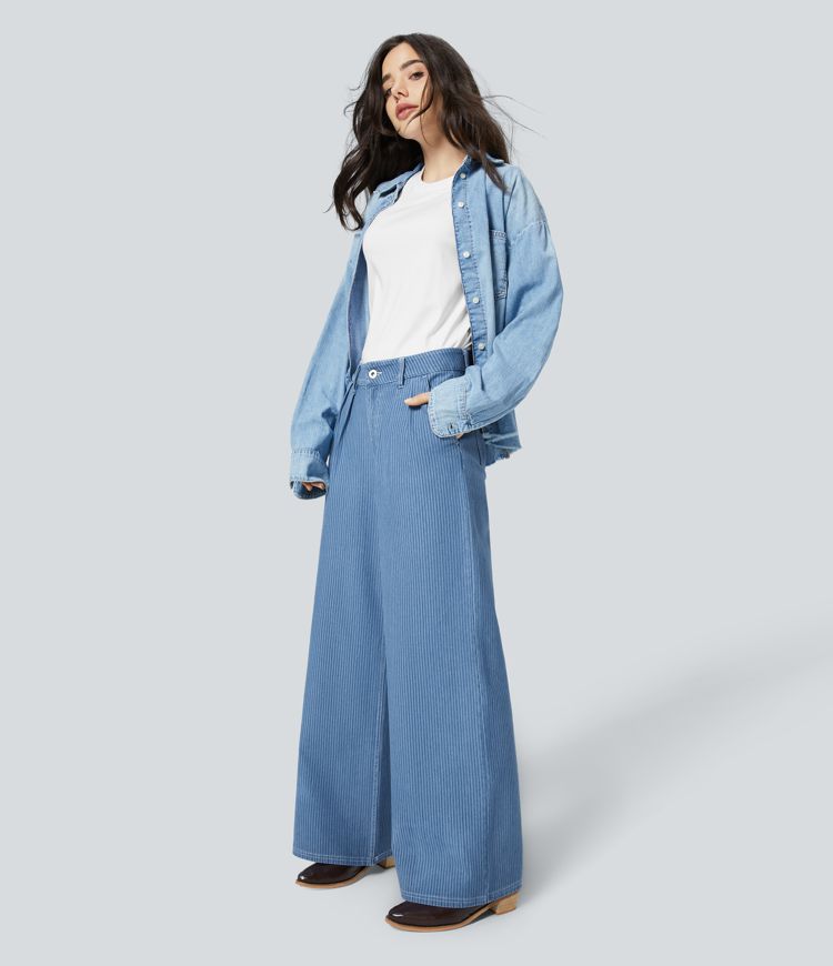 Halara Flex™ Jean Large Décontracté à Rayures Taille Haute avec Multiples Poches et Tissu Extensible Lavé