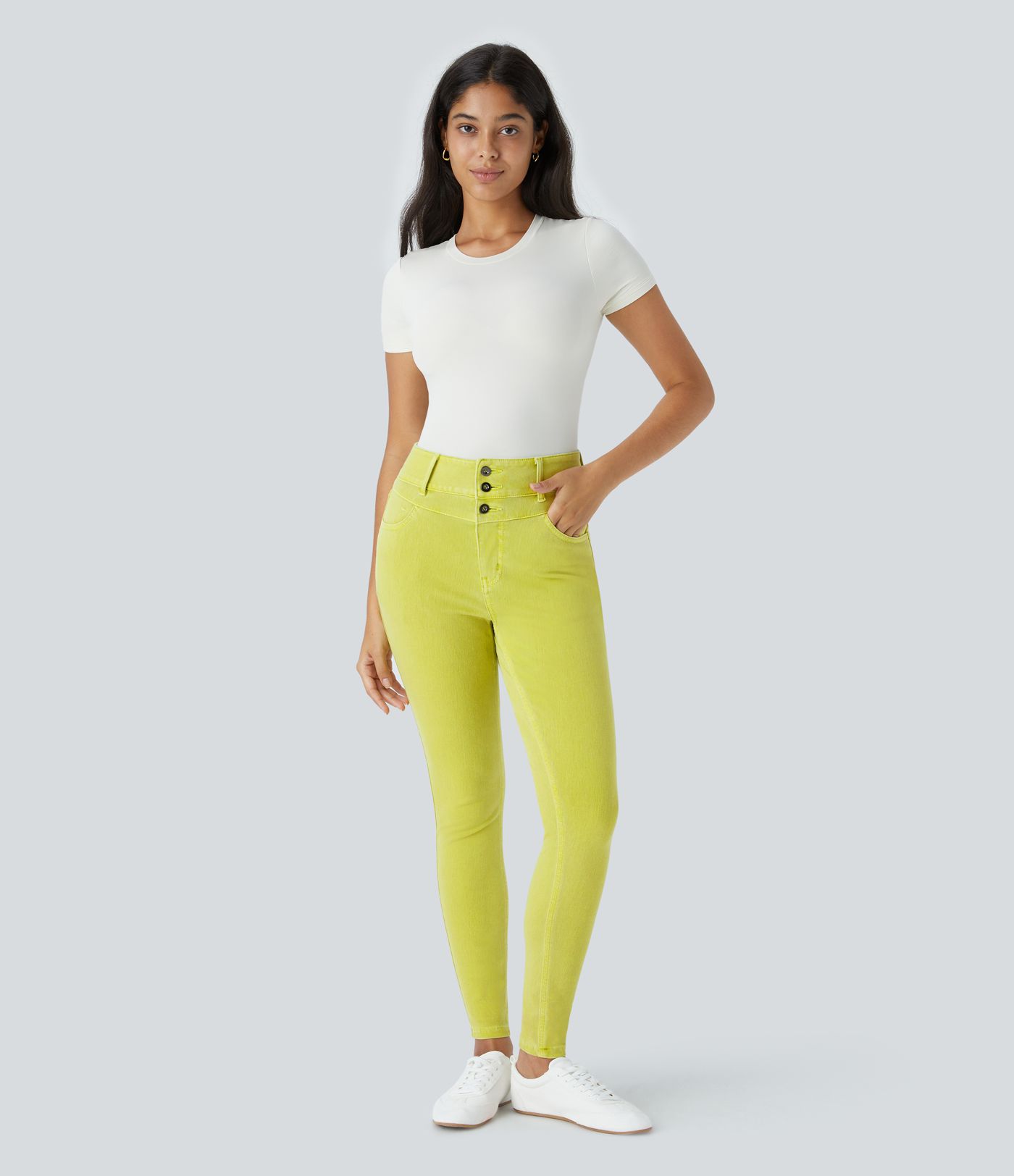 Halara Flex™ Jean Skinny Casual à Taille Haute avec Boutons Zip Multiples Poches Coloré et Tricoté Extensible