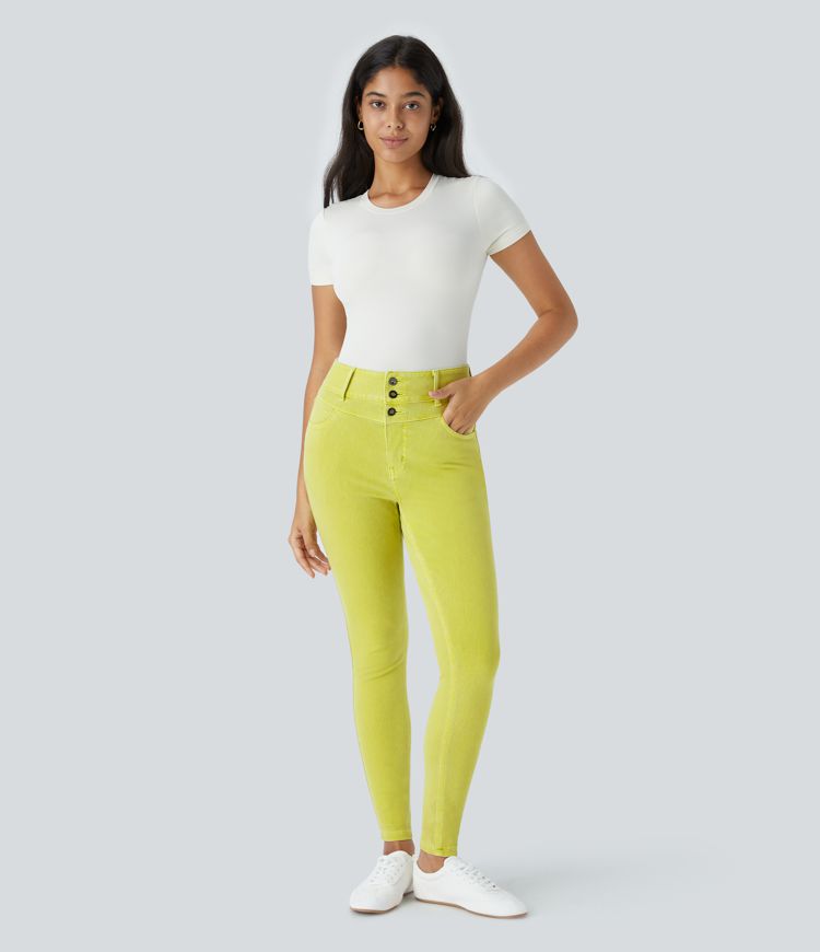 Halara Flex™ Jean Skinny Casual à Taille Haute avec Boutons Zip Multiples Poches Coloré et Tricoté Extensible
