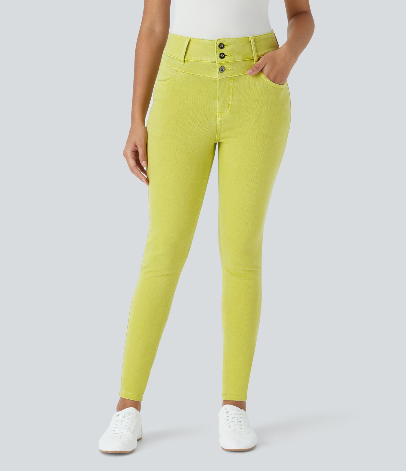 Halara Flex™ Jean Skinny Casual à Taille Haute avec Boutons Zip Multiples Poches Coloré et Tricoté Extensible