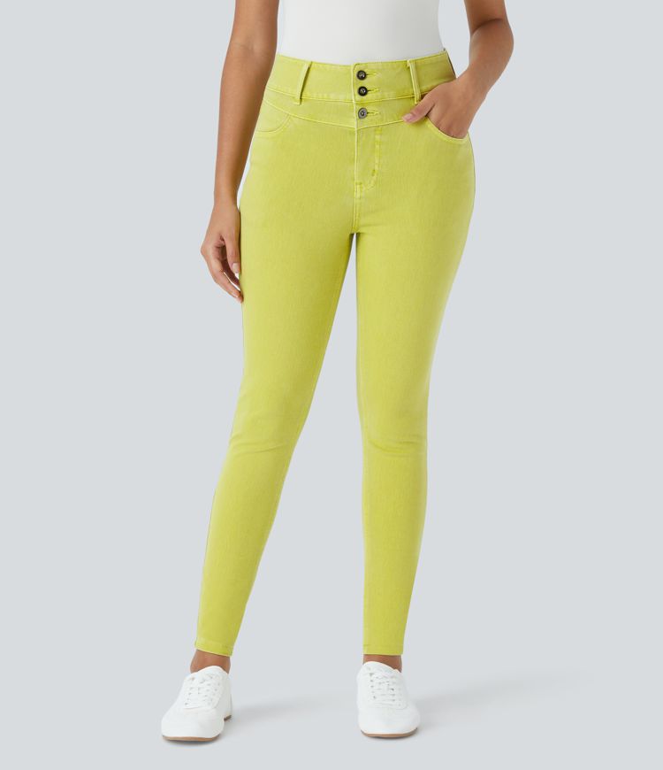 Halara Flex™ Jean Skinny Casual à Taille Haute avec Boutons Zip Multiples Poches Coloré et Tricoté Extensible